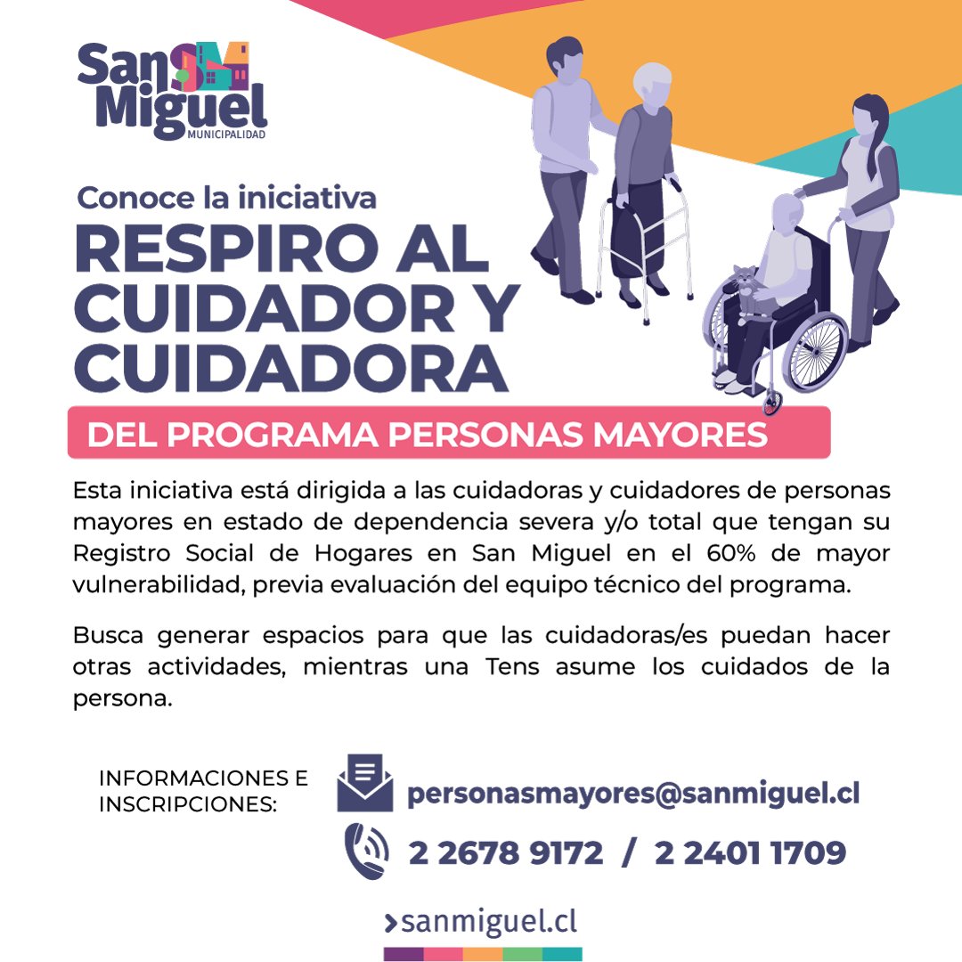 [Esta iniciativa está pensada para ti]

👩‍🦳🧓Si requieres de apoyo en el cuidado de personas mayores en estado de dependencia, consulta e inscríbete en el  Programa Municipal Respiro al Cuidador.
👀Toda la información que necesitas ⬇️ 
#sanmiguelcl   
#sanmiguelchile
