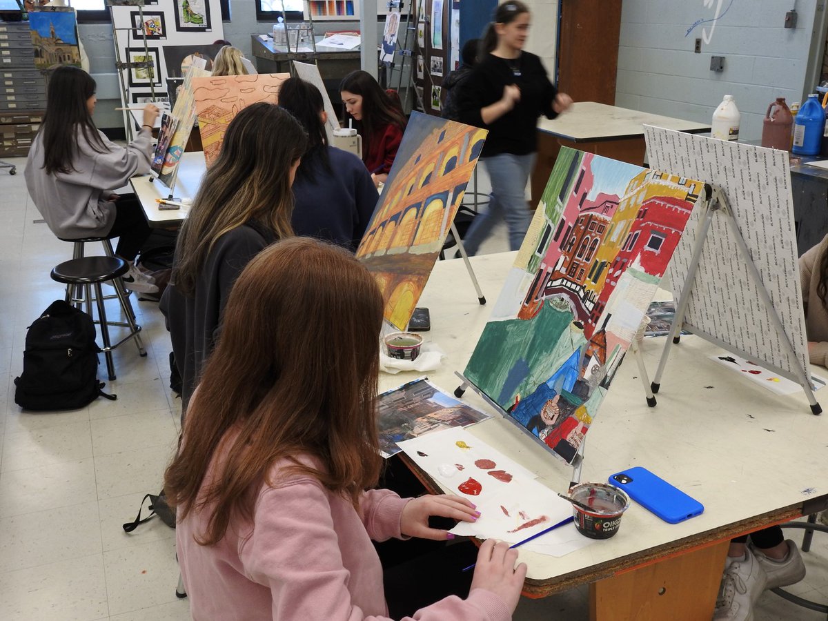 CommackSchools's tweet photo. Students are painting pictures of Italy in Mr. Musto's Advanced Painting and Drawing class, enhanced with a glazing technique used by the artist #Rembrandt. 
#MackArt #Painting #Drawing #CommackHighSchool #CommackSchools https://t.co/Q0U0quaTP9