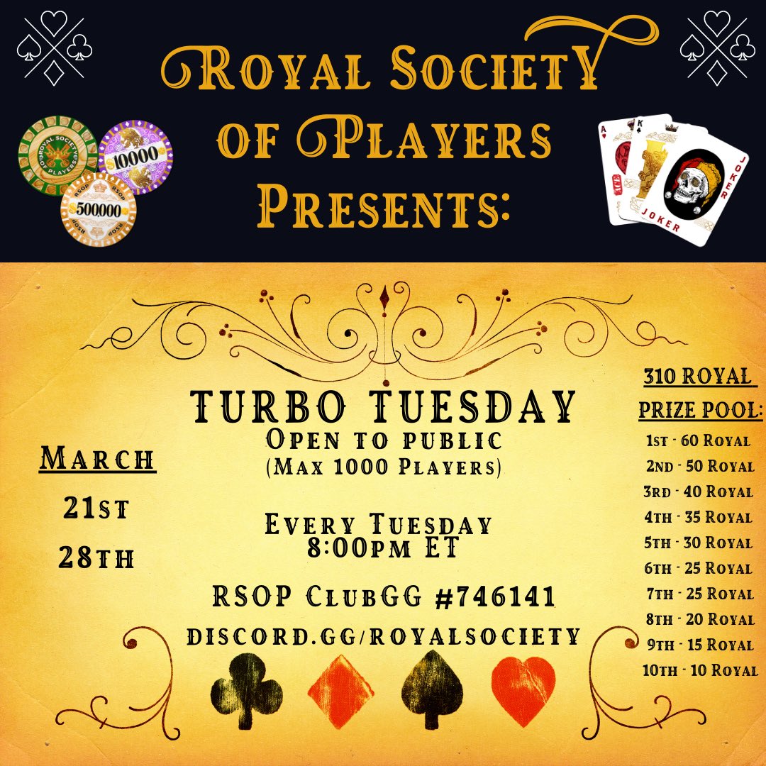 In a world of inconsistencies, there's still one thing you can count on...

🚨#RSOP Turbo Tuesday Poker 🚨

FREE Poker! Open to the Web3 Public! 

310 $ROYAL Prize Pool

Come hang with the RSOP Sharks🦈

#ClubGG 746141 #NFTCommunity 

Every Tuesday / 8PM ET 

#RoyalRetweet 👑 x 5