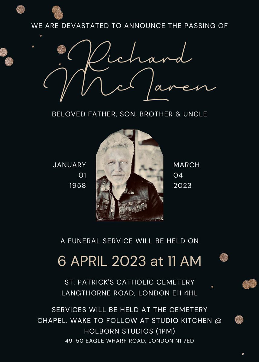 Here are details for the funeral arrangements for our good friend Richard McLaren 🤍