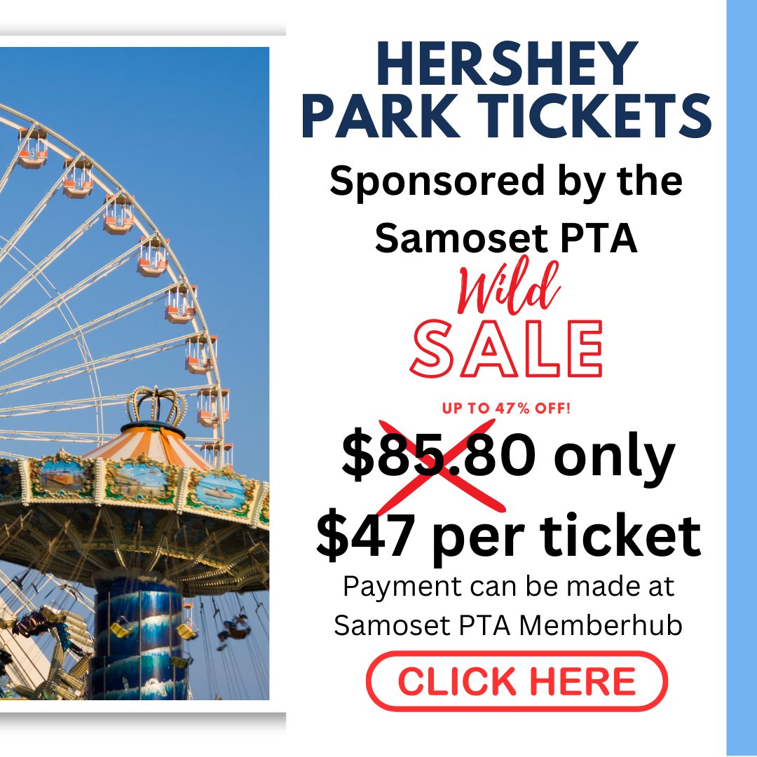 SamosetMiddle's tweet photo. Discounted Hershey Park tickets through the Samoset PTA.  Tickets available on Samoset PTA Memberhub

https://t.co/GwkxvAI4cA https://t.co/RXPKv2YAGQ