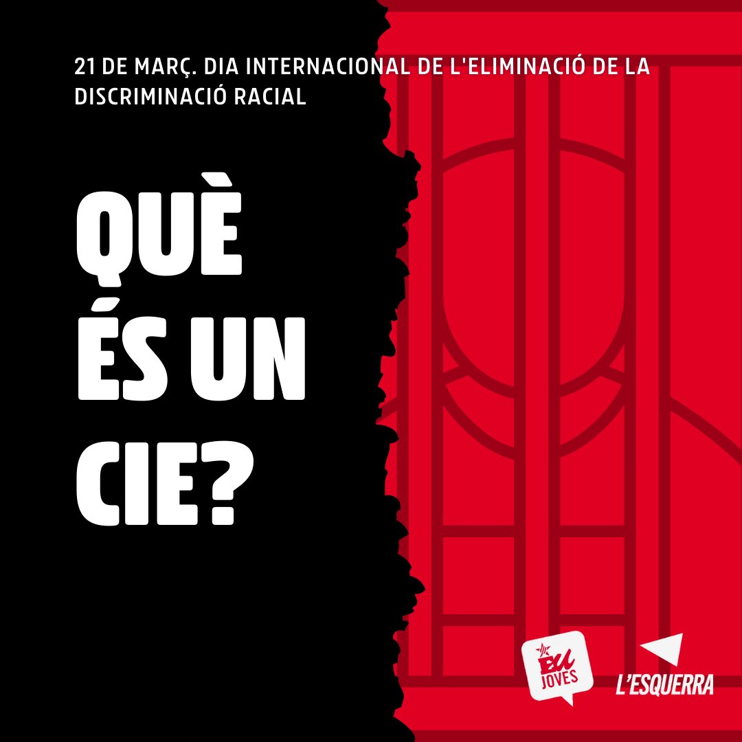 JEUPV's tweet photo. 📅 Hui 21 de març es commemora el Dia Internacional de l'Eliminació de la Discriminació Racial.
Aprofitem la data per exigir el tancament de tots els CIEs de l'estat espanyol i ens unim a les reivindicacions de la Campanya #CIEsNO.
Si no saps que és un CIE, t'ho expliquem 🧵👇 https://t.co/f4XvSMAdii