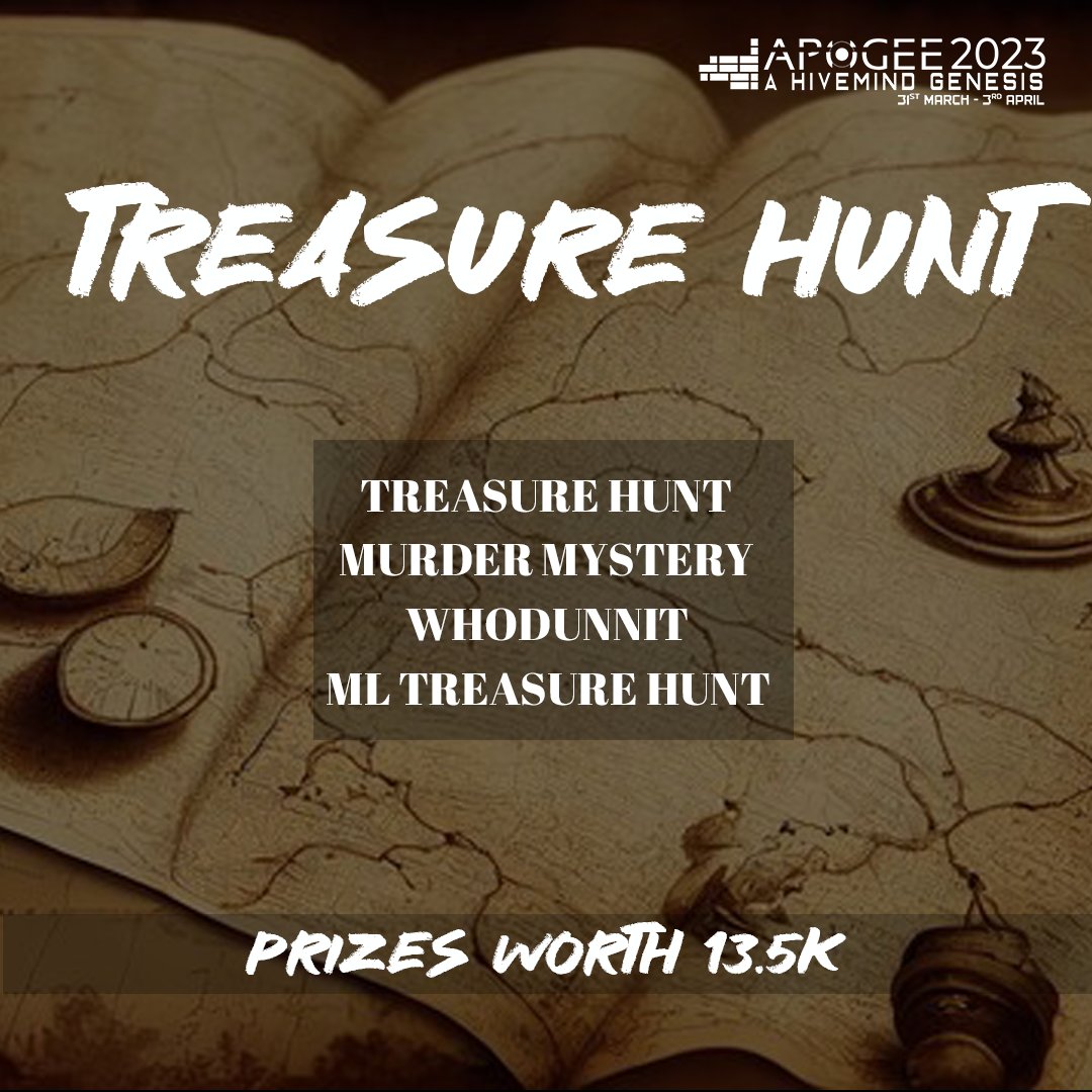 BITSApogee's tweet photo. "The hunt for treasure is on! Let's see who has what it takes to find it."

#apogee2023 #apogee #treasure #hunt #events #techfest #collgefest #bitsapogee #bitspilani https://t.co/PnMOz9Qj2h