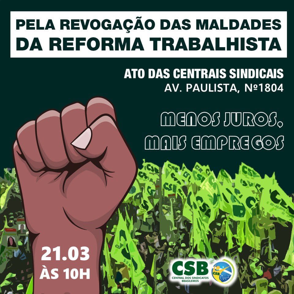 VAI TER LUTA! Vamos estar nas ruas na próxima terça-feira às 10h para dizer um basta aos juros altos e ao Cartel dos Bancos! 

O PDT também reafirma a sua luta pela revogação das maldades da Reforma Trabalhista. 

Compareçam! 

Em SP, o nosso encontro será na Av. Paulista, 1804