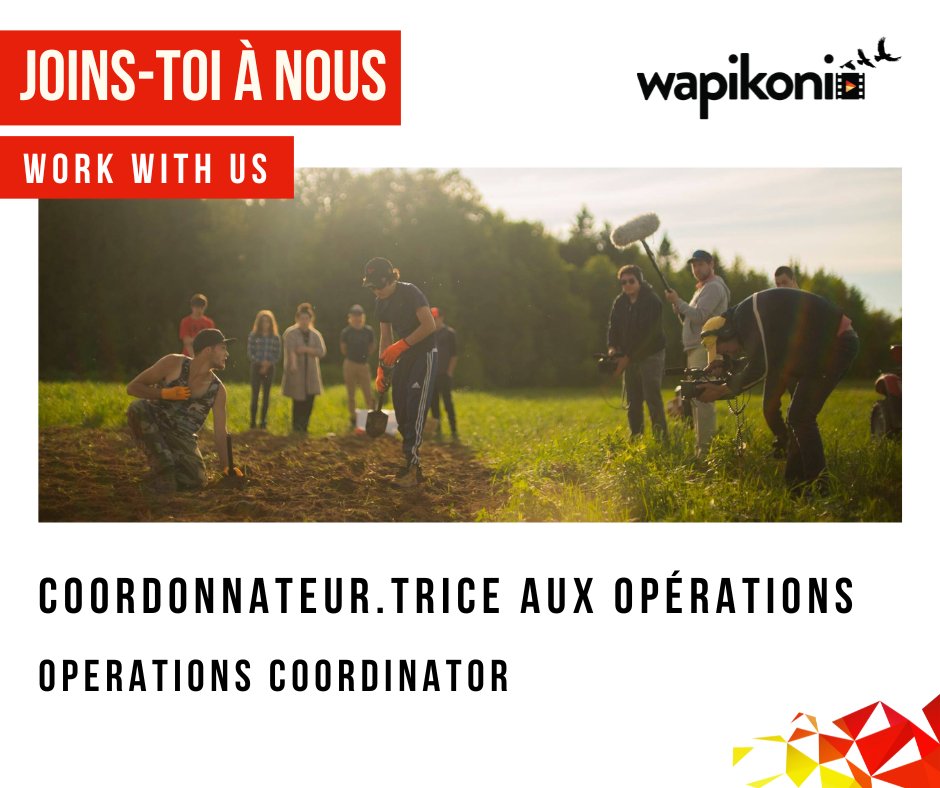 OFFRE D'EMPLOI | JOB OFFER
Joins-toi à l'équipe du Wapikoni. 
Nous sommes présentement à la recherche d'un.e coordonnateur.trice aux opérations. 
Infos et détails :
evenementswapikoni.ca/offres-d-emploi