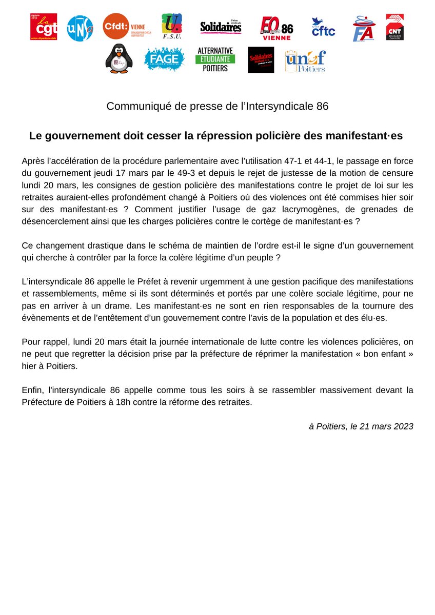 Fsu086's tweet photo. Communiqué intersyndical 86 concernant la répression policière des manifestant-es hier à Poitiers.
L'intersyndicale 86 appelle comme tous les soirs à se rassembler massivement ce soir devant la Préfecture de Poitiers à 18h contre la réforme des retraites.
#reformedesretraites https://t.co/MgKqUiOXN6