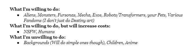 DisgracedPrimus's tweet image. Commissions still open, if y'all interested please shoot a message to me. Prices negotiable, I just need the savings.   
Things I can do is in the image below~ 

If we've spoke and I vanished, please reach back out to me, I've been all over the place. :')

#commissionsopen