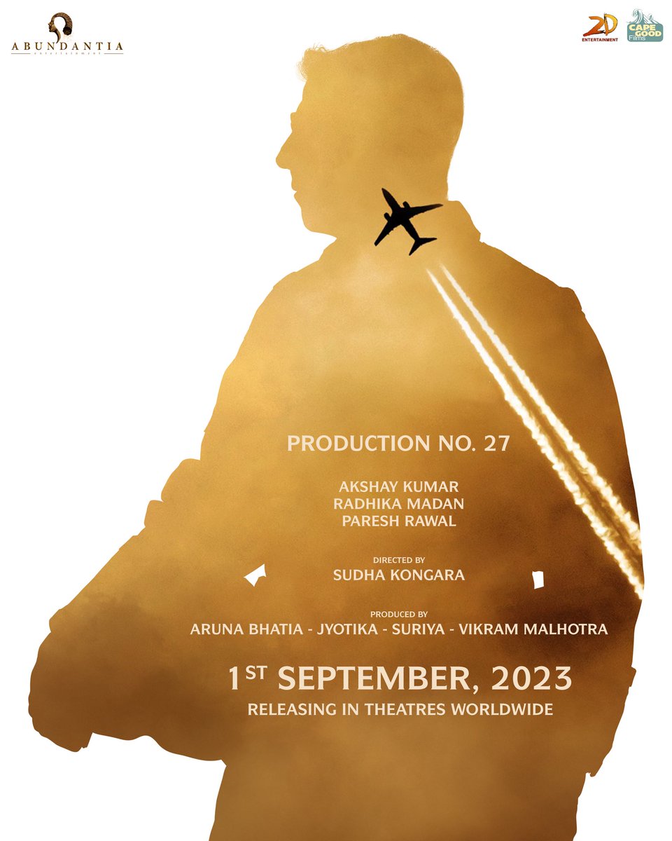 #ProductionNo27 starring @akshaykumar sir #Radhikamadan @SirPareshRawal to release in theatres on 1st September 2023 💥

Directed by @Sudha_Kongara