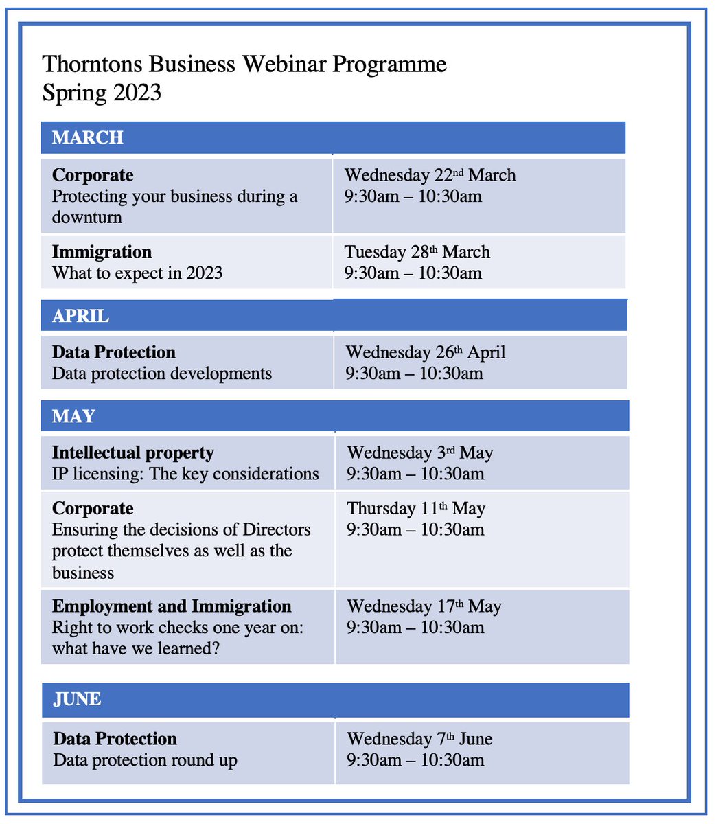 This week's members' promotion posts is from one of our supporters Thorntons Law LLP, who is sharing information regarding their business webinar programmes. These will give advice on how to protect and improve your businesses! Follow this link to book: thorntons-law.co.uk/events