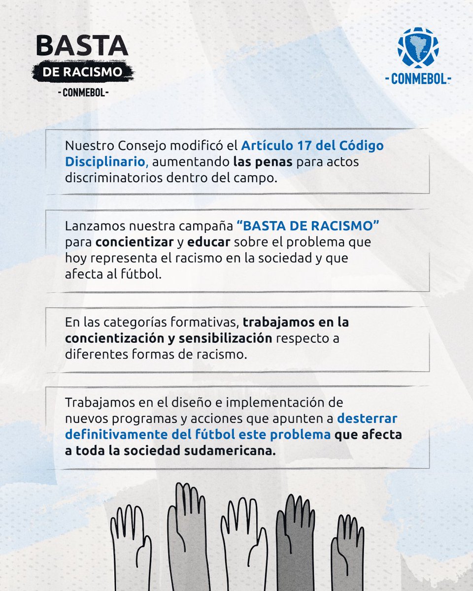 CONMEBOL's tweet photo. Desde la CONMEBOL queremos reiterar nuestro compromiso con erradicar el racismo y otras formas de violencia y discriminación para preservar lo valioso del fútbol: su mensaje de compañerismo y sana competencia.

#DíaEliminaciónDiscriminaciónRacial
#BastaDeRacismo https://t.co/mqE0GbTHUR