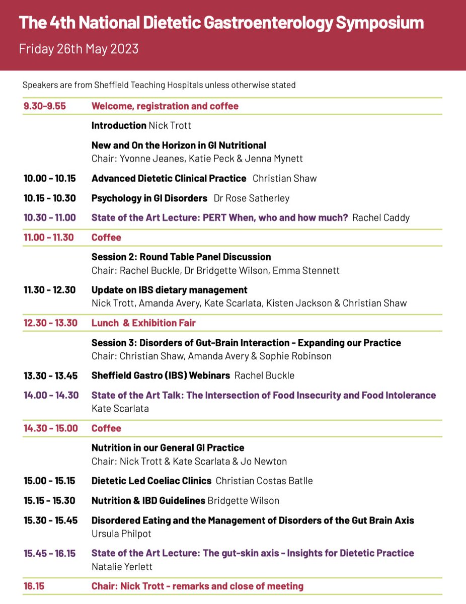 🚨Free Dietetic Gastro Day!🚨

The 4th National Dietetic Gastro Symposium!

⏰ Friday 26th May.
📍 Live &amp; Streaming Online.

Registration ➡️ sheffieldgastro.nhs.uk

Program below! 🤓⤵️⤵️ #RT #WhatRDsDo
