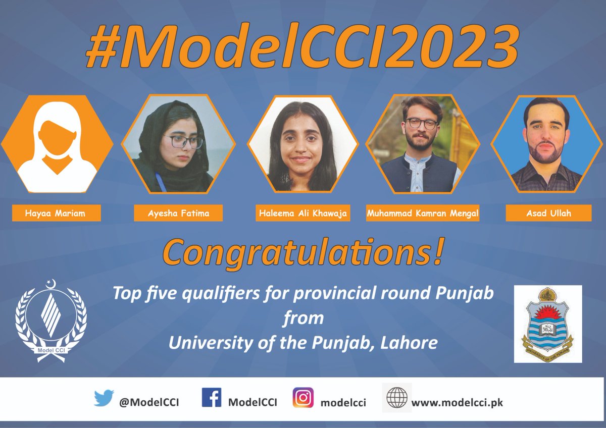 ModelCCI's tweet photo. Congratulations to the top five students from 
@PU_OfficialPK!

These students participated in the #ModelCCI simulation exercise and qualified for the provincial round of #Punjab. https://t.co/c7zxMWfKIq