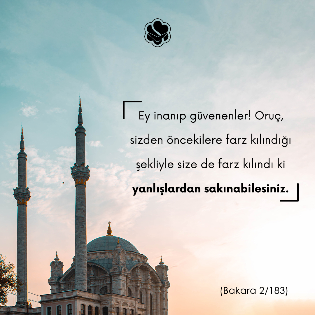 ✒Ey inanıp güvenenler! Oruç, sizden öncekilere farz kılındığı şekliyle size de farz kılındı ki yanlışlardan sakınabilesiniz. (Bakara 2/183)

🔗suleymaniyevakfimeali.com/Meal/Bakara.ht…

🕋#kuran #ayet #meal #ramazan #oruç