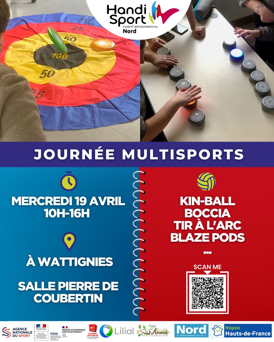 cdhandisport59's tweet photo. 📍On vous donne RDV à Wattignies pour une Journée Multisports le Mercredi 19 avril de 10h à 16h en salle Pierre de Coubertin.

De nombreuses activités sont au programme (Boccia, Tir à l'arc, Blaze Pods, Kin-Ball et autres surprises...)

L'inscription s'effectue via le QR code 🙏 https://t.co/Lyz2LftAbB