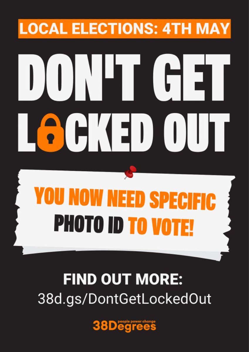 Local City Council elections are on the 4th May, and a General Election could follow within the next year. A new law states that everyone MUST have Photo ID when voting at a polling station (unless you postal vote)

🗳️ INFO: home.38degrees.org.uk/2023/02/23/vot…