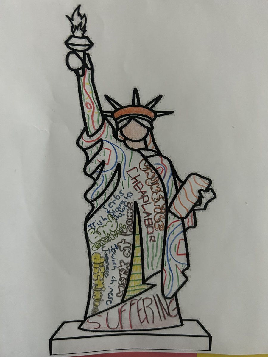 wkman3's tweet photo. Welcome to the US! Students are learning about immigration to the US during the Industrial Revolution. Students created graffiti art on the Statue of Liberty with words about their push and pull. @PrincipalPHMS https://t.co/dKtGqe2Az2