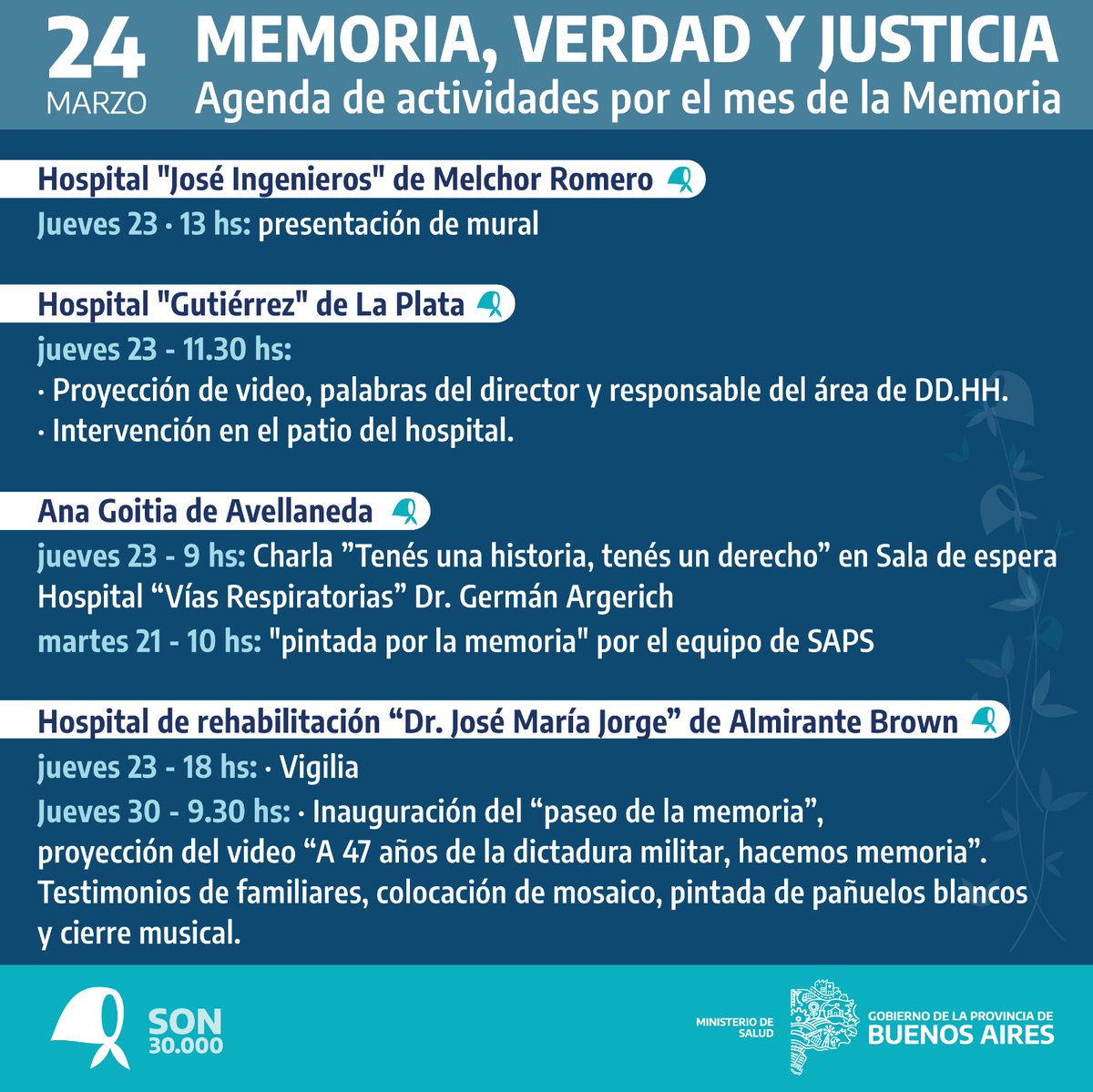 HospitalesBAP's tweet photo. En el mes de la memoria, los hospitales de @BAProvincia conmemoran el 24 de marzo, Día por la Memoria, la Verdad y La Justicia con diversas actividades.

Mantener viva la Memoria para poder decir #NuncaMas.
Hilo👇 https://t.co/DnCxrRfRPO