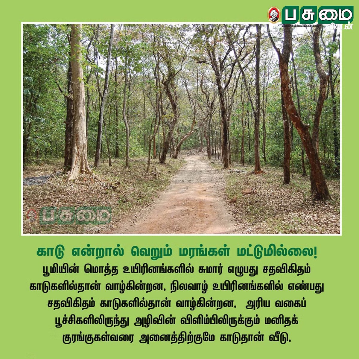 PasumaiVikatan's tweet photo. உலக காடுகள் தினம்!
காடு மனிதனுக்கு என்ன செய்தது!

#InternationalDayofForests #InternationalForestDay #Forest #Human #People #Trees #Water #EnvironmentDisaster https://t.co/1xGC5eENaF