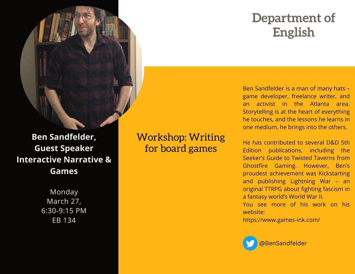kenn_state_mapw's tweet photo. ๐ข MAPW students! @BenSandfelder will be at KSU discussing board game writing. See details below!๐ฆ
๐๏ธ Monday, March 27th
โฒ๏ธ 6:30-9:15 PM
๐ซ Kennesaw Campus, EB 134
#gamedevelopment #DnD #writing #writinggames #gradschool #WritingCommunity #writinglife https://t.co/aS3aIDXbD5