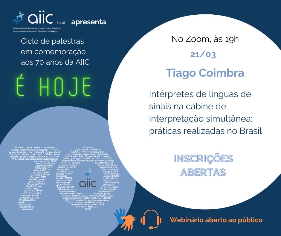 [HOJE - TODAY - 7PM GMT-3] - Tiago Coimbra Nogueira fala sobre interpretação de línguas de sinais em cabines de simultânea. // INTERPRETATION AVAILABLE! EN/ES/PT/LIBRAS
Inscrições: tinyurl.com/aiicbrasil
 #aiic #aiic70 #SL1nt #interpreter #simultaneoustranslation  #xl8 #1nt