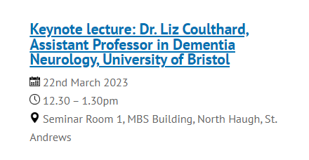 StAndMedicine's tweet photo. 📆TOMORROW! @Mack_InstStA  welcomes @LizCoulthard for a keynote lecture on “Improving diagnostics for better #brainhealth – focus on #Alzheimers and sleep”. Prof. Coulthard leads @ReMemBrGroup; we look forward to hearing her insights! 

Full details 👉https://t.co/yEZwhScAcG https://t.co/yiNBYFr1pL