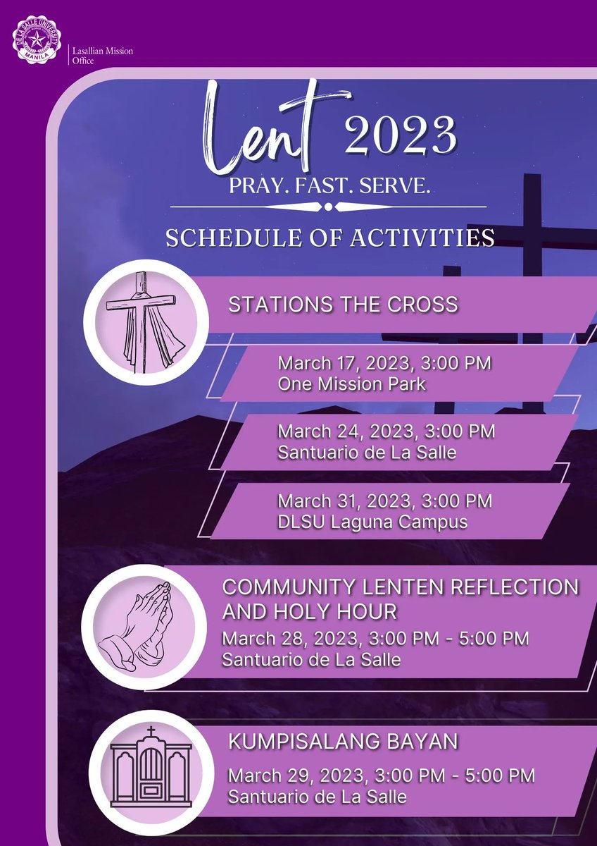 IS_SCouncil's tweet photo. [𝐋𝐄𝐍𝐓𝐄𝐍 𝐒𝐄𝐀𝐒𝐎𝐍 𝟐𝟎𝟐𝟑]

The Lasallian Mission Office (LMO) would like to encourage the Lasallian community to join in the activities that were set for the observance of this year's Lenten Season. 

You may see more details about the aforementioned activities below. https://t.co/p115Nvr7wC