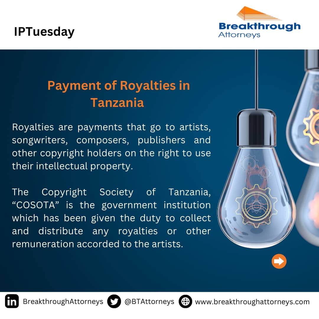 BTAttorneys's tweet image. Today on IPTuesday we are highlighting on the payment of royalties in Tanzania. 

#IPTuesday #Royalties #COSOTA
