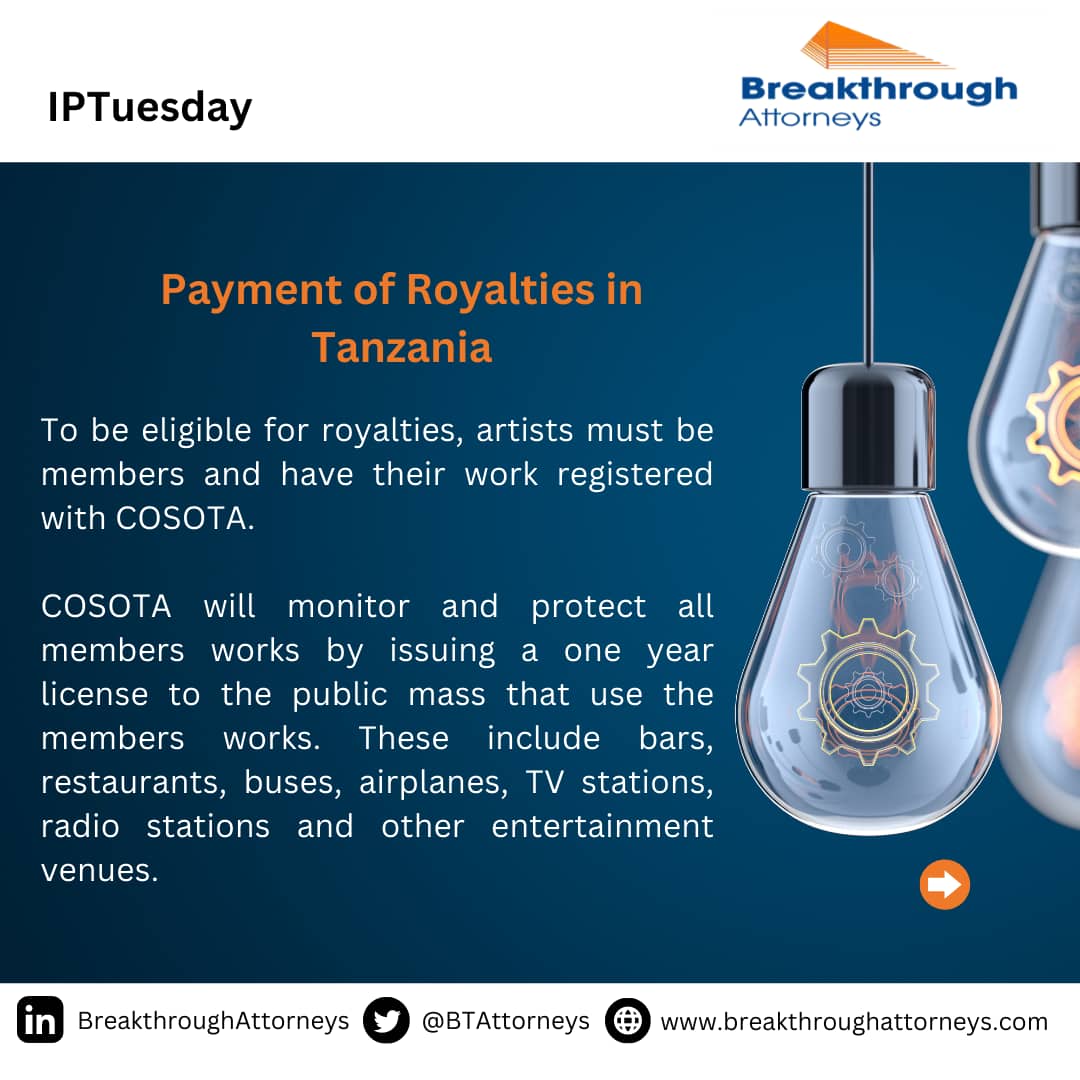 BTAttorneys's tweet image. Today on IPTuesday we are highlighting on the payment of royalties in Tanzania. 

#IPTuesday #Royalties #COSOTA