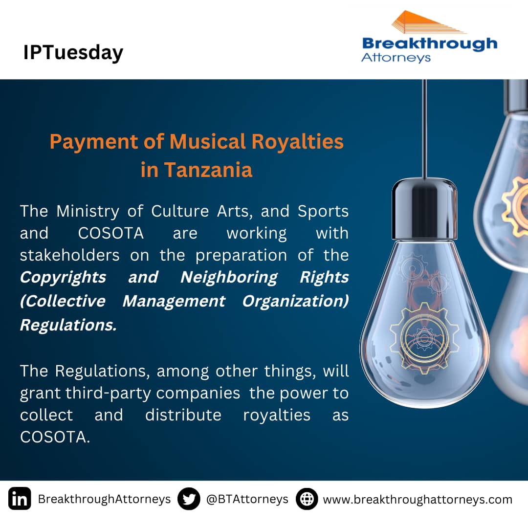 BTAttorneys's tweet image. Today on IPTuesday we are highlighting on the payment of royalties in Tanzania. 

#IPTuesday #Royalties #COSOTA