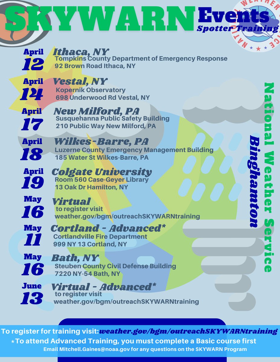 Interested in learning more about the weather and becoming a trained Storm Spotter? NWS Binghamton is offering several SKYWARN training classes this spring. Hope to see you at one! #NYWX #PAWX