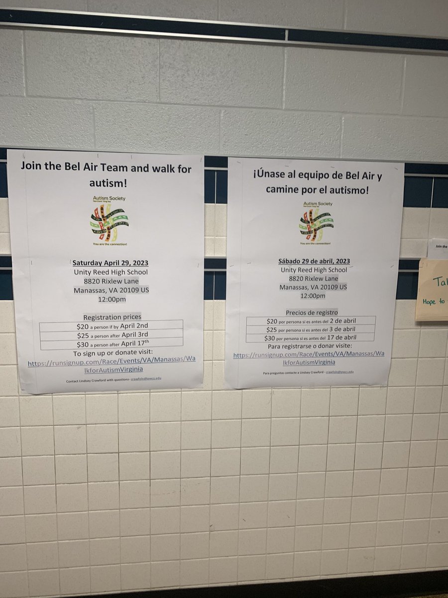 Come join the Bel Air team as we walk for autism on April 29th at Unity Reed High school! It will be a fun filled day for children of all ages. Lots of resources for parents as well. Hope to see you on our team! @Bel_Air_ES #baesshines