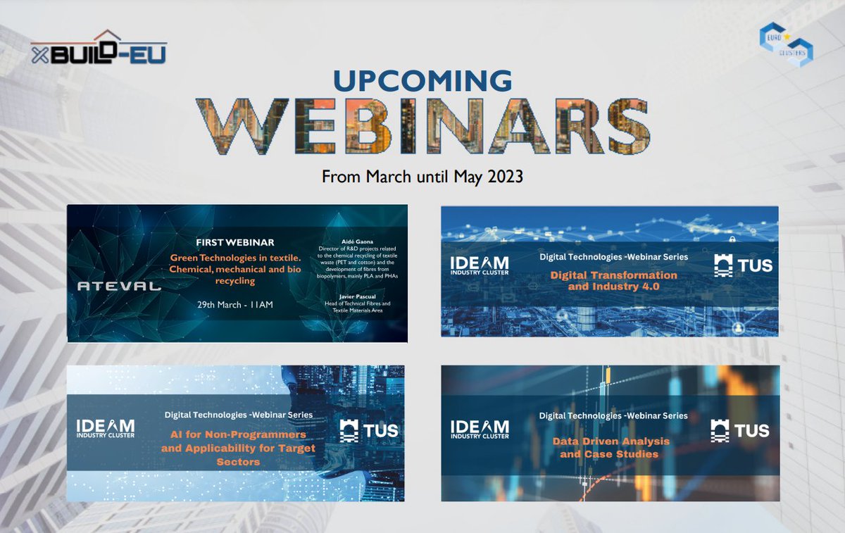 IDEAMCluster's tweet photo. Join the @xBUILD_EU webinar series!

*First Webinar*
➡ 'Green technologies in textile, chemical, mechanical and bio recycling'
➡ 29th March, 11am CEST
➡ Register: https://t.co/iznhBGRJOV

Webinar Brochure: https://t.co/2jLT5LNYKo https://t.co/B9aMCBn45T
