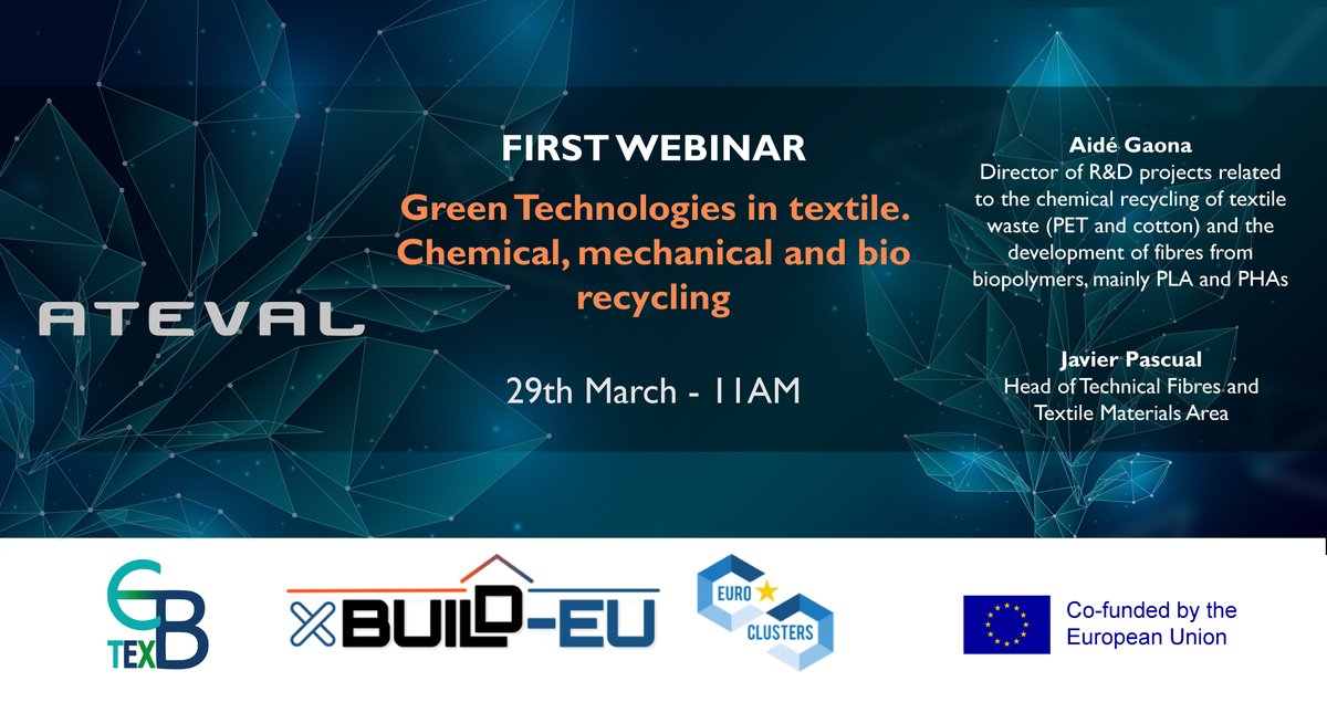 IDEAMCluster's tweet photo. Join the @xBUILD_EU webinar series!

*First Webinar*
➡ 'Green technologies in textile, chemical, mechanical and bio recycling'
➡ 29th March, 11am CEST
➡ Register: https://t.co/iznhBGRJOV

Webinar Brochure: https://t.co/2jLT5LNYKo https://t.co/B9aMCBn45T