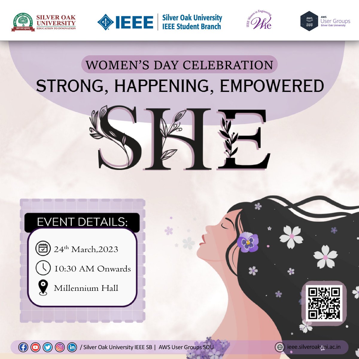 IEEE_SilverOak's tweet photo. #IEEESOUWIEAG and #SOUAWSUG invites you to #celebrate women's day with #StrongHappeningEmpowered (SHE). Meet leaders that would help epitomise your goals and aspirations and learn from their stories on 24 Mar `23. #ieee #sou #souevents #WomensDay https://t.co/fA81cKD2m0
