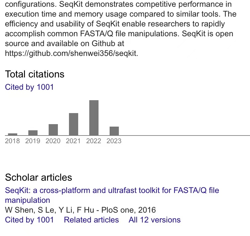 SeqKit has got 1000 citations 🎉
We've been fixing bugs and adding new features during the last 7 years, with 17 sub-commands added and 50 versions released after publication.
We also emphasize usability, sustainable development and maintenance of our tools 🤝.