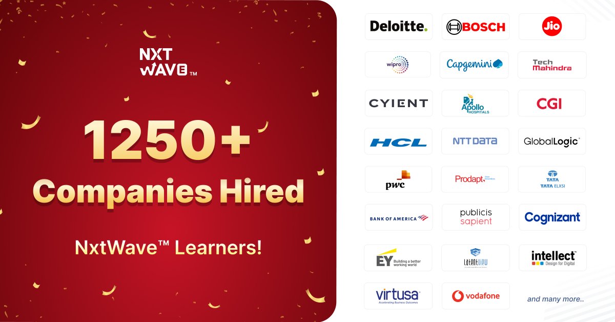 nxtwave_tech's tweet photo. We're thrilled to share that over 1250 companies have hired NxtWave learners!

We are proud of our learners and thank our employer partners for their trust and support. Together, we’re bridging the skills gap and making way for great career opportunities.

#nxtwave #ccbp https://t.co/GSad1bm6NL