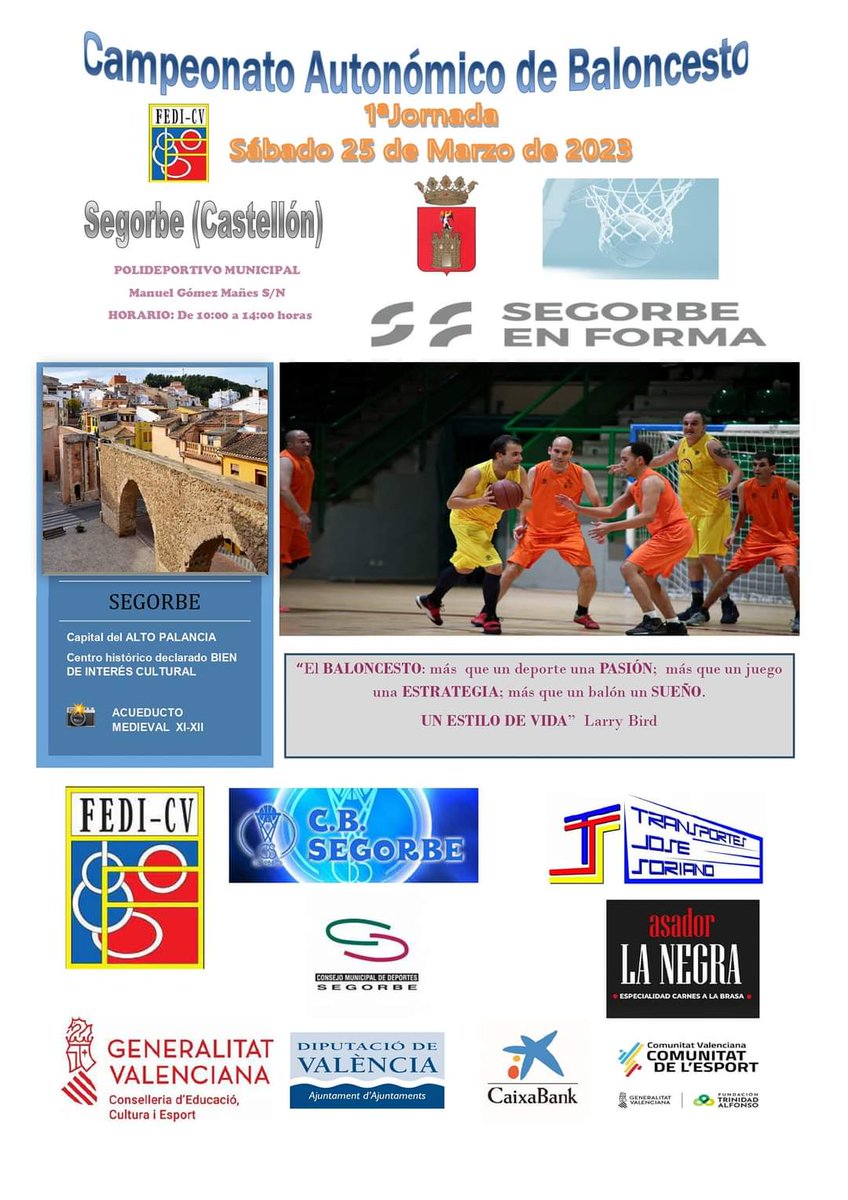 fedi_cv's tweet photo. Campeonato Autonómico de 🏀 FEDI Comunidad Valenciana que comienza el sábado próximo 25 de Marzo en su primera Jornada en Segorbe

@comunitatesport 
@GVAculturesport 
@caixabank 
@dipvalencia 
@FEDDI_DI 
@FTA_CV 
@CbSegorbe 
@Segorbe_Ayto 

#SOMFEDICV https://t.co/ifLuPGGcFf