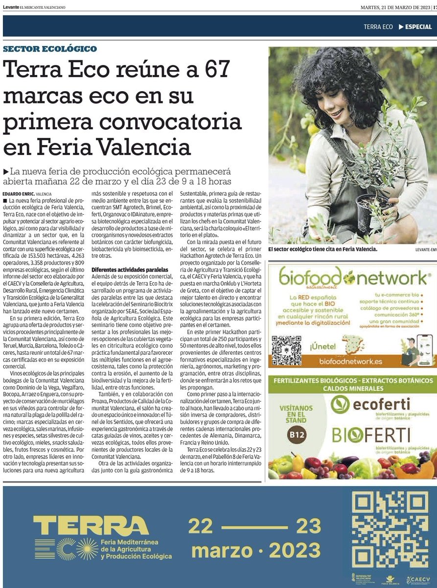 Hoy en el periódico Levante: la Feria TerraEco de mañana y pasado, a la que asistimos con el proyecto de RED Biofood Network. ¡¡Visítanos en el Stand D30!!

#BiofooodNetwork 
#biofoodnaturalmente 
#ecommercebio
#digitalizacionrural 
#terraeco 
#feriadevalencia