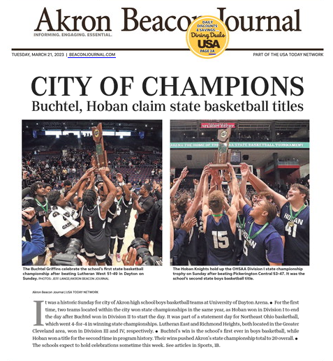 A special <a href="/beaconjournal/">Akron Beacon Journal</a> front page today celebrating <a href="/AkronBuchtelBK/">Akron Buchtel Basketball</a> and <a href="/hoban/">Archbishop Hoban High School</a>. Congratulations to both of Akron's state title teams! <a href="/akronschools/">Akron Public Schools</a>