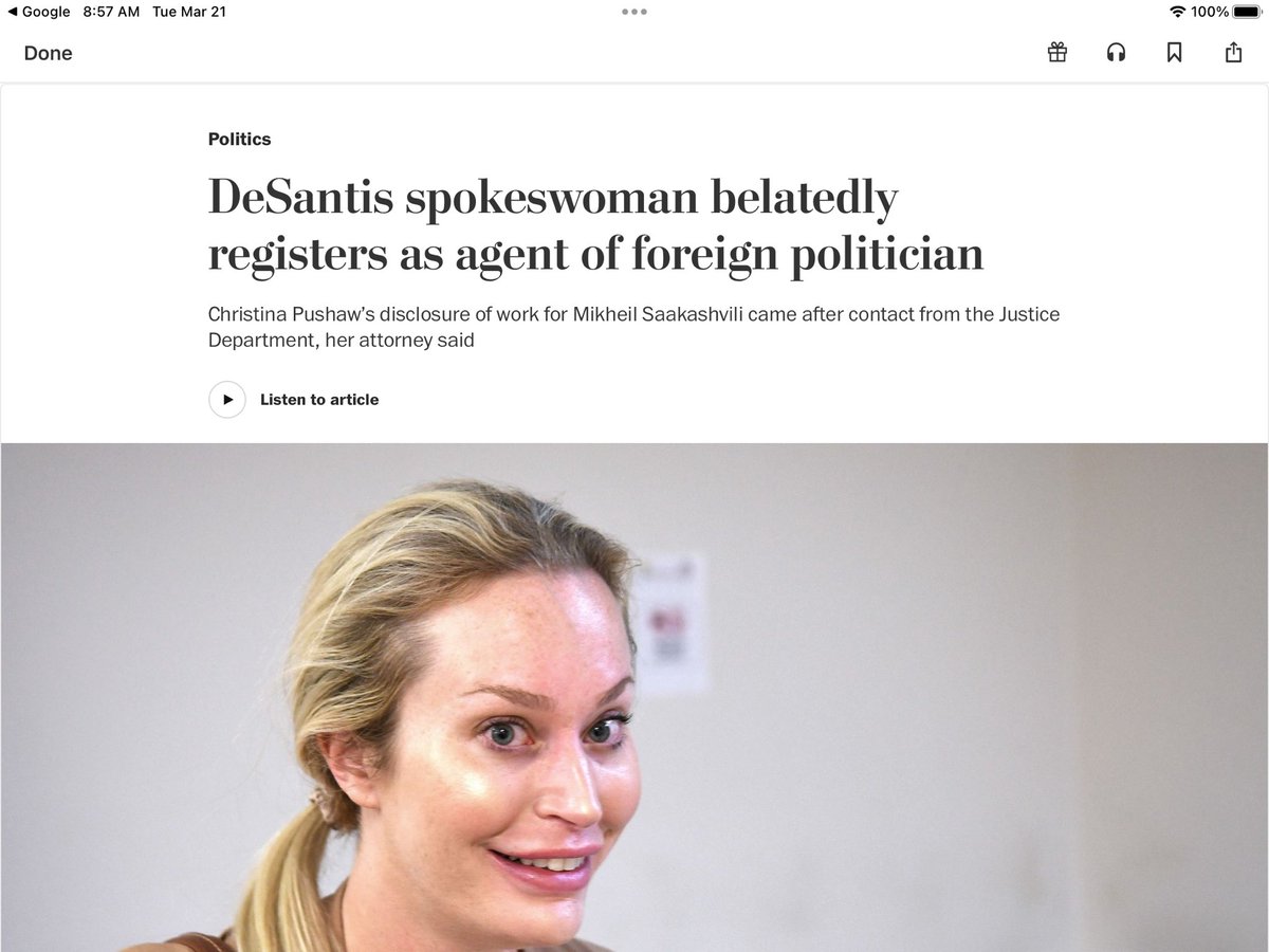 ElleLaw4's tweet photo. @krassenstein @ChristinaPushaw #Desantis top aide #Pushaw now reveals her Russian connection-#Florida She registered as foreign agent of a former president of Georgia, Mikheil Saakashvili, belatedly detailing work she performed for the politician between 2018 and 2020. https://t.co/jb2hsTwbJP