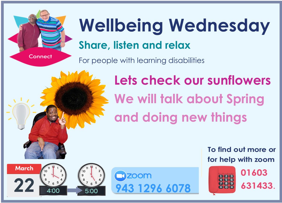 🌻 Join us tomorrow for Wellbeing Wednesday at 4pm on zoom 🌻
We will be checking in with our sunflowers together and chatting about Spring and maybe trying new things