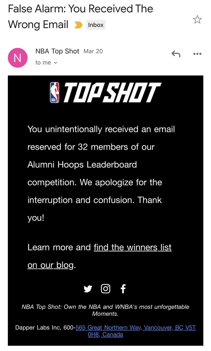 HFTM_TopShot's tweet photo. Anyone else receive this email after mistakenly getting an email saying they were top 32 on the Alumni Hoops Leaderboard?

@NBATopShot I’ll forgive this for the low price of one NBA Top Shot t-shirt. Our DMs are open. https://t.co/HLedOQ4P5s