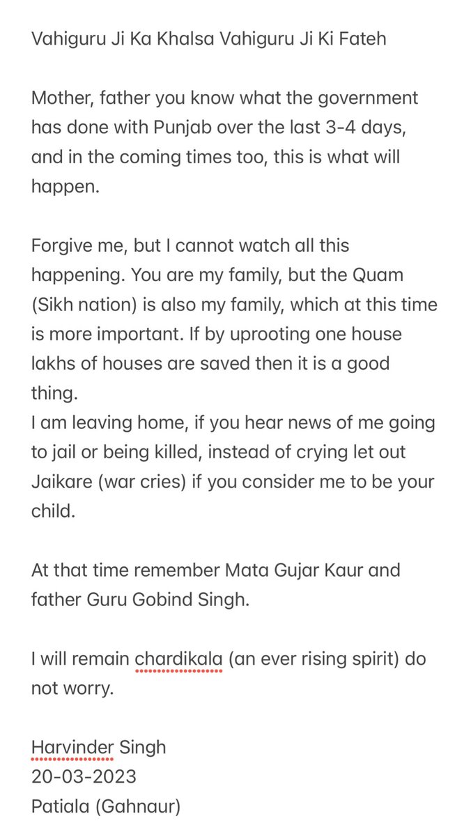 anandpur_exile's tweet photo. When the audacity and sidhak displayed in this letter becomes part of the conversation we’ll actually be honouring Sikhs like Bhai Amritpal Singh. (any mistakes in the translation are my own).

#KhalistanZindabad https://t.co/mFfiffS4q8