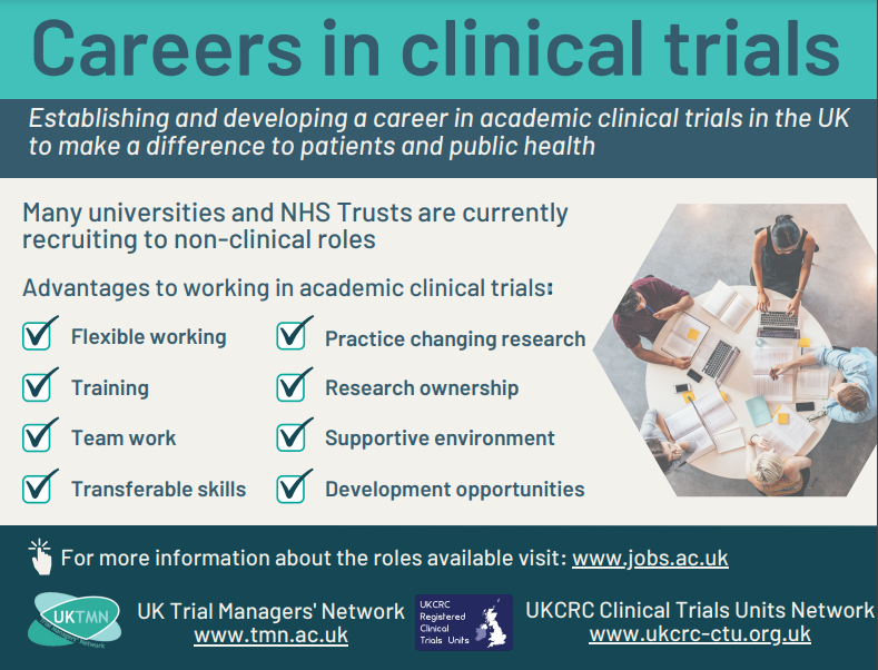 UKTMN's tweet photo. To help address current challenges in recruitment, we (with input from UKTMN members &amp; @UKCTUNetwork) have developed a flyer to highlight the types of roles that exist in academic clinical trials. Please share 
https://t.co/bawt97LuGG @eleanor_mitch @Oxford_NDPH @nottingham_CTU https://t.co/qlrkqO7vxt