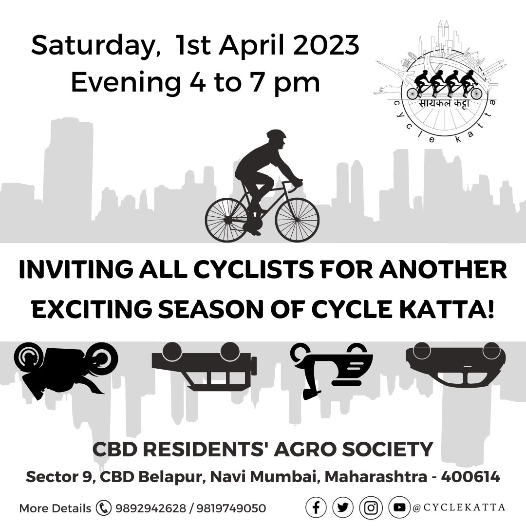 CycleKatta's tweet photo. Inviting all cyclists for another exciting season of Cycle Katta!

🗓️ Saturday,  1st April 2023
🕓 Evening 4 to 7 pm
📍 CBD RESIDENTS' AGRO SOCIETY
Sector 9, CBD Belapur, Navi Mumbai, Maharashtra - 400614
📲 More Details: 9892942628 / 9819749050 

#cyclekatta #cycling #NaviMumbai https://t.co/iLG6wIEeDs