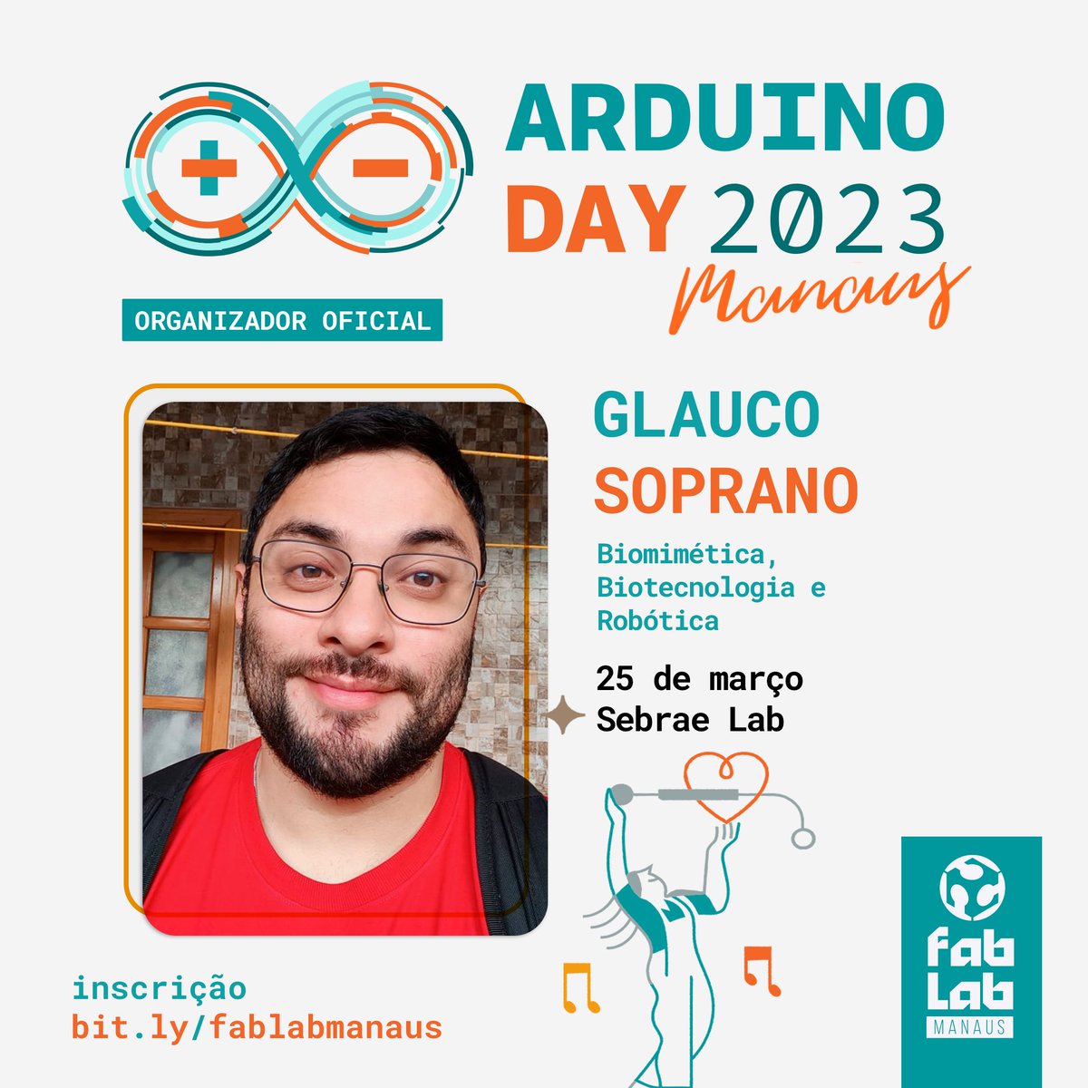 Glauco Soprano está confirmado no Arduino Day Manaus 23!
Nesta atividade, os participantes irão criar uma tartaruga robótica que imita os movimentos reais de uma espécie dos rios amazônicos.

Dia 25 de março | Sebrae Lab
Faça sua inscrição em: bit.ly/fablabmanaus