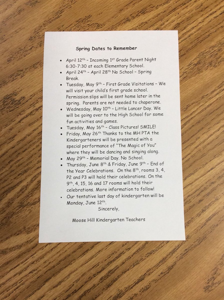 Moose Hill K families mark your calendars for these upcoming dates in April, May and June. 😊