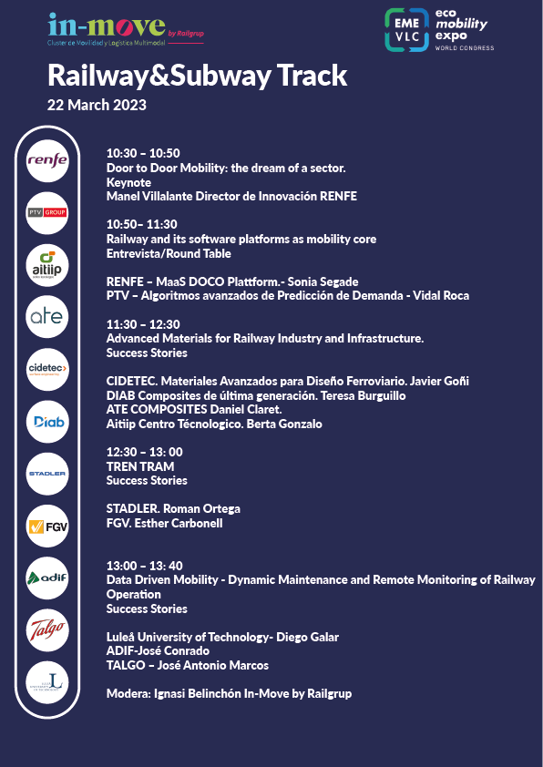 Railgrup's tweet photo. Las empresas #InMove son muy presentes en @eme_vlc
Ven y descubre más hoy en el #RailwayandSubway track
⌚10h30 - 13h45
📍 Auditorium POWER ELECTRONICS
#clusterit #door2door #mobility https://t.co/AA4YaKzoly