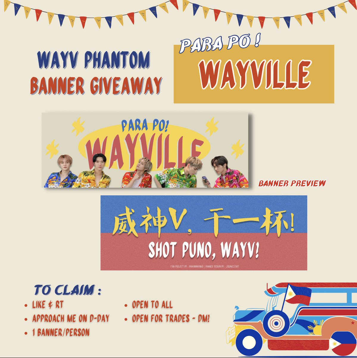 WwiinnWinko's tweet photo. 🇵🇭WAYV PHANTOM IN MANILA BANNER GIVEAWAY🍻

will be giving away these banners on march 26 !! see u all !!🫶🏻

- see photo for claiming details
- time &amp; loc tba!
- see thread for more giveaways

#WayV_Phantom_in_MANILA #WayV_FanmeetingTour #WayV https://t.co/XcaXub25Ue