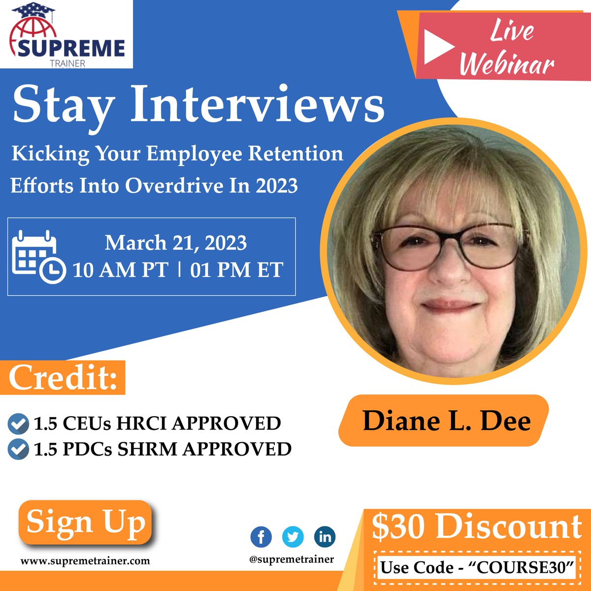 TrainerSupreme's tweet photo. Our webinar 'Stay Interviews: Kicking Your Employee Retention Efforts Into Overdrive In 2023' is going live today. Enroll using our promo code 'COURSE30' to get $30 off on this session.
𝐒𝐢𝐠𝐧 𝐮𝐩 𝐡𝐞𝐫𝐞- https://t.co/Wj90spHvyH

#live #WorldPoetryDay #Aries #tuesdayvibe https://t.co/izfFdrJmTm